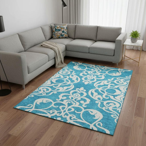 HomeRoots 9' X 12' Turquoise & Ivory Damask Area Rug - Durable, Washable, UV-Protected for Stylish Living Spaces 676961