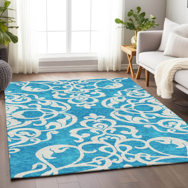 HomeRoots 9' X 12' Turquoise & Ivory Damask Area Rug - Durable, Washable, UV-Protected for Stylish Living Spaces 676961