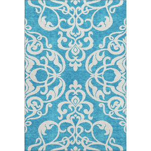 HomeRoots 9' X 12' Turquoise & Ivory Damask Area Rug - Durable, Washable, UV-Protected for Stylish Living Spaces 676961