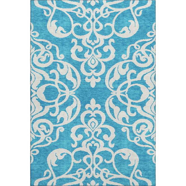 HomeRoots 9' X 12' Turquoise & Ivory Damask Area Rug - Durable, Washable, UV-Protected for Stylish Living Spaces 676961