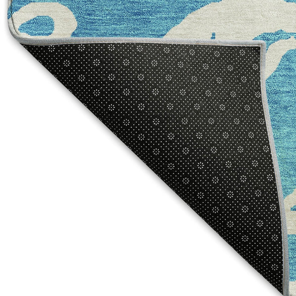 HomeRoots 9' X 12' Turquoise & Ivory Damask Area Rug - Durable, Washable, UV-Protected for Stylish Living Spaces 676961