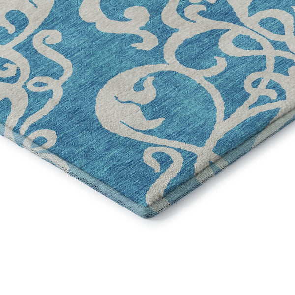 HomeRoots 9' X 12' Turquoise & Ivory Damask Area Rug - Durable, Washable, UV-Protected for Stylish Living Spaces 676961