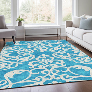 HomeRoots 9' X 12' Turquoise & Ivory Damask Area Rug - Durable, Washable, UV-Protected for Stylish Living Spaces 676961