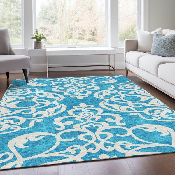 HomeRoots 9' X 12' Turquoise & Ivory Damask Area Rug - Durable, Washable, UV-Protected for Stylish Living Spaces 676961