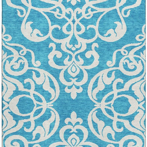 HomeRoots 9' X 12' Turquoise & Ivory Damask Area Rug - Durable, Washable, UV-Protected for Stylish Living Spaces 676961