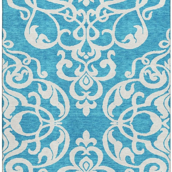 HomeRoots 9' X 12' Turquoise & Ivory Damask Area Rug - Durable, Washable, UV-Protected for Stylish Living Spaces 676961