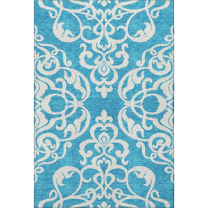 HomeRoots 9' X 12' Turquoise & Ivory Damask Area Rug - Durable, Washable, UV-Protected for Stylish Living Spaces 676961