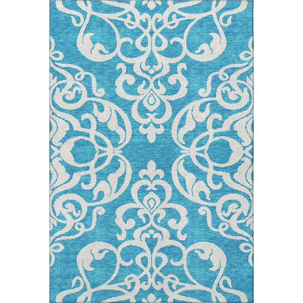 HomeRoots 9' X 12' Turquoise & Ivory Damask Area Rug - Durable, Washable, UV-Protected for Stylish Living Spaces 676961
