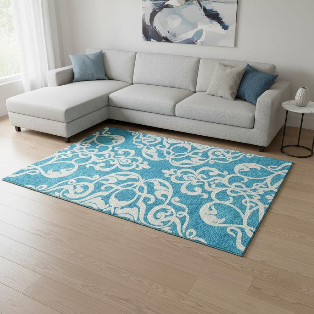 HomeRoots 10' Turquoise and Ivory Damask Area Rug - Washable, UV Protected, Stain-Resistant for Busy Homes 676962