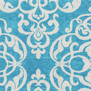 HomeRoots 10' Turquoise and Ivory Damask Area Rug - Washable, UV Protected, Stain-Resistant for Busy Homes 676962