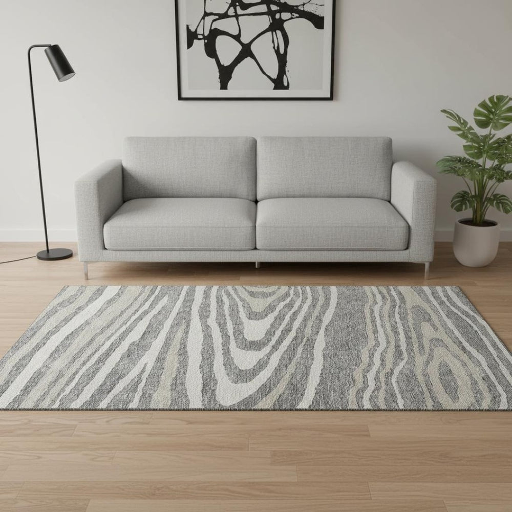 HomeRoots 5' Washable Area Rug in Gray Beige and Ivory - Durable, UV Protected Woodland Lodge Design for Family Spaces 676970