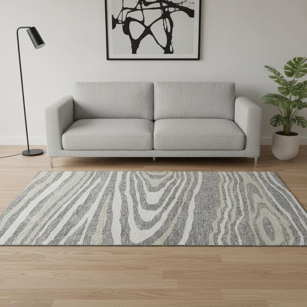HomeRoots 5' Washable Area Rug in Gray Beige and Ivory - Durable, UV Protected Woodland Lodge Design for Family Spaces 676970