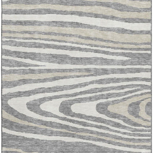 HomeRoots 5' Washable Area Rug in Gray Beige and Ivory - Durable, UV Protected Woodland Lodge Design for Family Spaces 676970