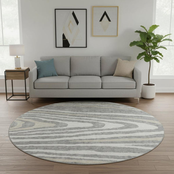 HomeRoots 8' Washable Round Rug in Gray Beige Ivory - Durable Woodland Lodge Design with UV Protection & Style 676971