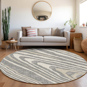 HomeRoots 8' Washable Round Rug in Gray Beige Ivory - Durable Woodland Lodge Design with UV Protection & Style 676971
