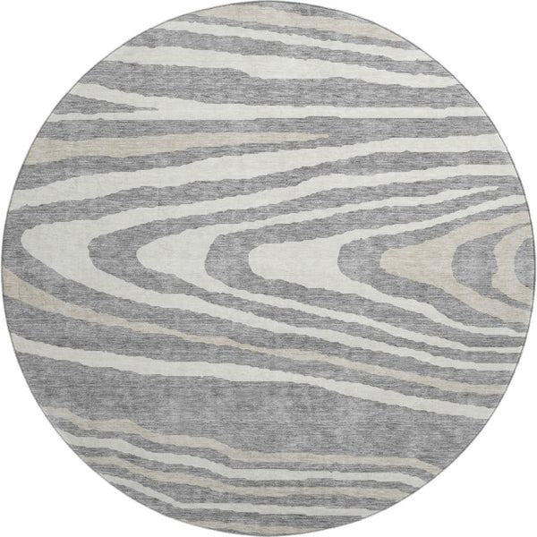 HomeRoots 8' Washable Round Rug in Gray Beige Ivory - Durable Woodland Lodge Design with UV Protection & Style 676971