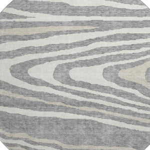 HomeRoots 8' Washable Round Rug in Gray Beige Ivory - Durable Woodland Lodge Design with UV Protection & Style 676971