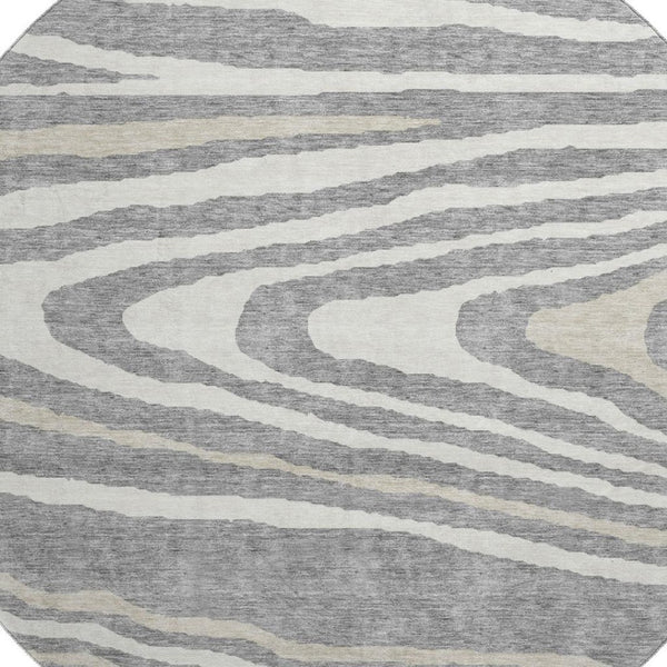 HomeRoots 8' Washable Round Rug in Gray Beige Ivory - Durable Woodland Lodge Design with UV Protection & Style 676971