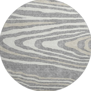 HomeRoots 8' Washable Round Rug in Gray Beige Ivory - Durable Woodland Lodge Design with UV Protection & Style 676971