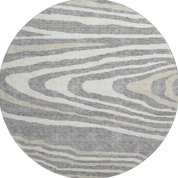 HomeRoots 8' Washable Round Rug in Gray Beige Ivory - Durable Woodland Lodge Design with UV Protection & Style 676971