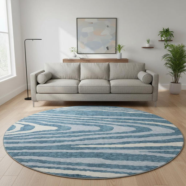 HomeRoots 8' Navy Blue and Ivory Woodland Lodge Round Rug - Stain Resistant, UV Protected & Easy Care Comfort 676983