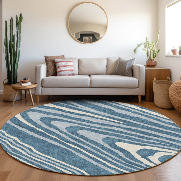 HomeRoots 8' Navy Blue and Ivory Woodland Lodge Round Rug - Stain Resistant, UV Protected & Easy Care Comfort 676983