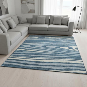 HomeRoots 8' X 10' Navy Blue & Ivory Woodland Lodge Area Rug – Durable, Washable, UV-Protected for Families 676984