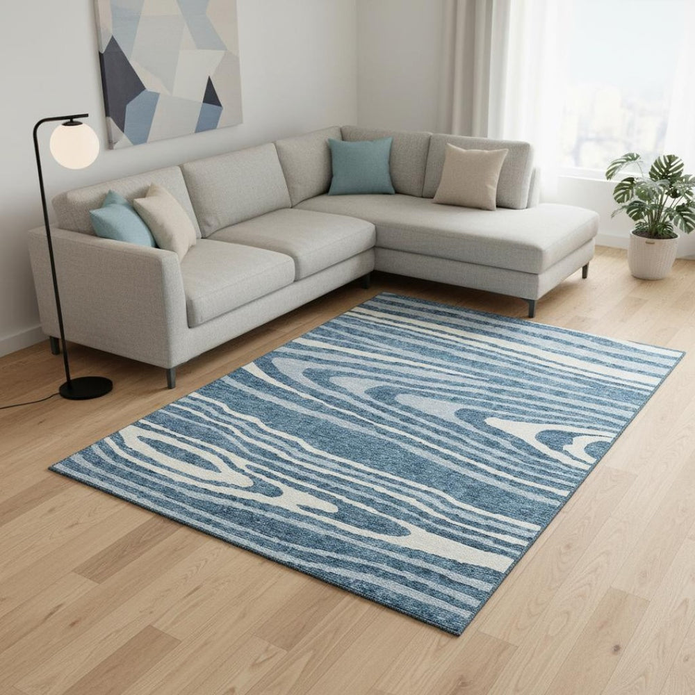 HomeRoots 9' X 12' Navy Blue & Ivory Woodland Lodge Rug – Washable, Stain Resistant, UV Protected for Homes 676985