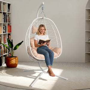 English Elm Hanging Egg Chair Woven Pe Wicker Swing with Stand Washable Cushion Patio Bedroom T5880P497559