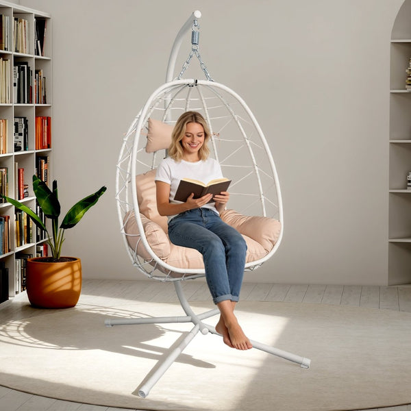 English Elm Hanging Egg Chair Woven Pe Wicker Swing with Stand Washable Cushion Patio Bedroom T5880P497559