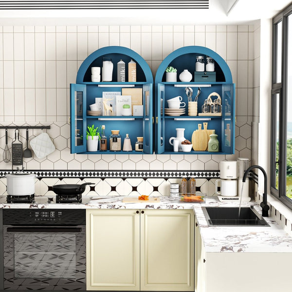 English Elm Wall Mounted Arched Cabinet Tempered Glass Doors Led Lighting Adjustable Shelves Bathroom Turquoise T3210P471552