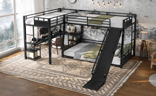 English Elm L-shaped Metal Triple Bunk Bed with Slide Desk Shelves Sleep Study Play Zone W1580S00280