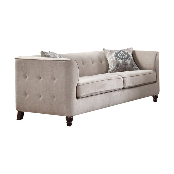 English Elm Cyndi Tan Velvet Sofa with 2 Pillows — Button Tufted Elegant Upholstery, Espresso Turned Legs B2726P265213