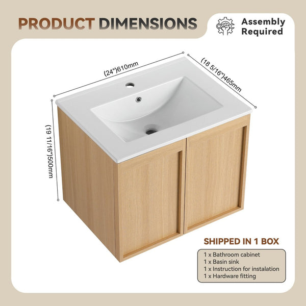 English Elm 24" Wall Mounted Bathroom Vanity Dark Oak Open Shelf Ceramic Sink Soft Close Door W3450P435843