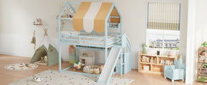 English Elm Full Size Wood Loft Bed with Canopy Slide and Built in Bookshelves for Kids Light Green N7090005021F