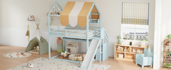 English Elm Full Size Wood Loft Bed with Canopy Slide and Built in Bookshelves for Kids Light Green N7090005021F