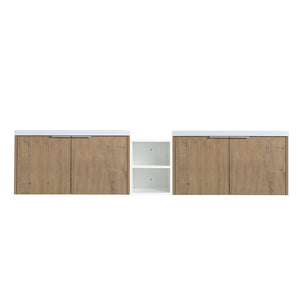 English Elm 84 Inch Wall Mounted Vanity with Dual Resin Sinks, Soft Close Doors, Metal Handles, Ample Storage Space Imitative Oak W999S00190