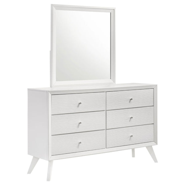 English Elm Contemporary Solid Wood White Dresser with Mirror Angled Legs and Bronze Knobs B2741S00876