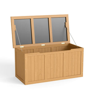 English Elm 67 Gallon Solid Wood Outdoor Deck Box with Hinged Lid Doubles as Patio Bench Seat W2640P327217