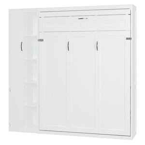 English Elm Queen Murphy Wall Bed with Led Lighting Open Shelves and Wardrobe Cabinet Storage White LP000899AAK-1