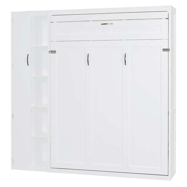 English Elm Queen Murphy Wall Bed with Led Lighting Open Shelves and Wardrobe Cabinet Storage White LP000899AAK-1