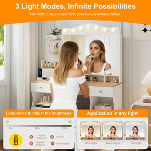 English Elm Vanity Desk With Adjustable Led Lights, Foldable Mirror, Ample Storage & Usb Power Strip - White Elegance W3767S00002-GIGA