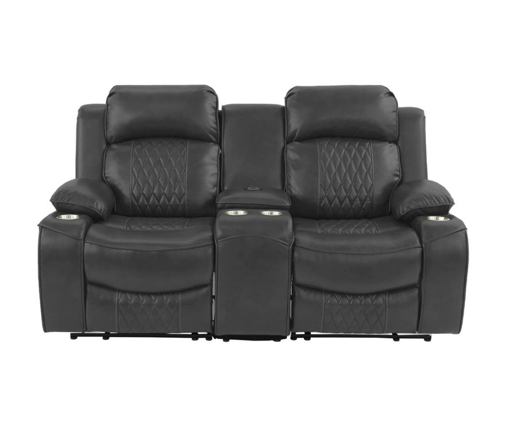 English Elm Power Motion Loveseat: Contemporary Charcoal Gel Leatherette With Usb, Cup Holders & Storage Arms B011S01068-GIGA