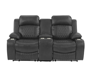 English Elm Power Motion Loveseat: Contemporary Charcoal Gel Leatherette With Usb, Cup Holders & Storage Arms B011S01068-GIGA