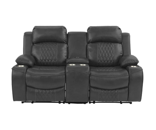 English Elm Power Motion Loveseat: Contemporary Charcoal Gel Leatherette With Usb, Cup Holders & Storage Arms B011S01068-GIGA