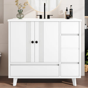 English Elm 36" Freestanding Bathroom Vanity Solid Wood Cabinet Ceramic Basin Four Drawers White W1580P382510