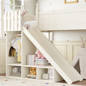 English Elm Twin Loft Bed Solid Pine Frame with Wardrobe Shelving Detachable Slide Kids Room Beige W5305S00018