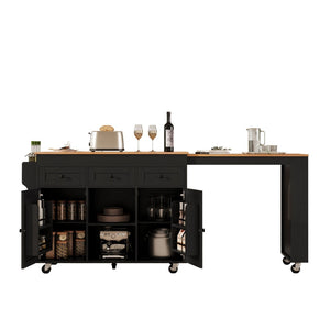 English Elm K&k Rolling Kitchen Island with Extendable Table Open Shelving and Built-in Power Outlet Black N707P360278B