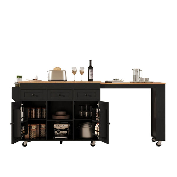 English Elm K&k Rolling Kitchen Island with Extendable Table Open Shelving and Built-in Power Outlet Black N707P360278B