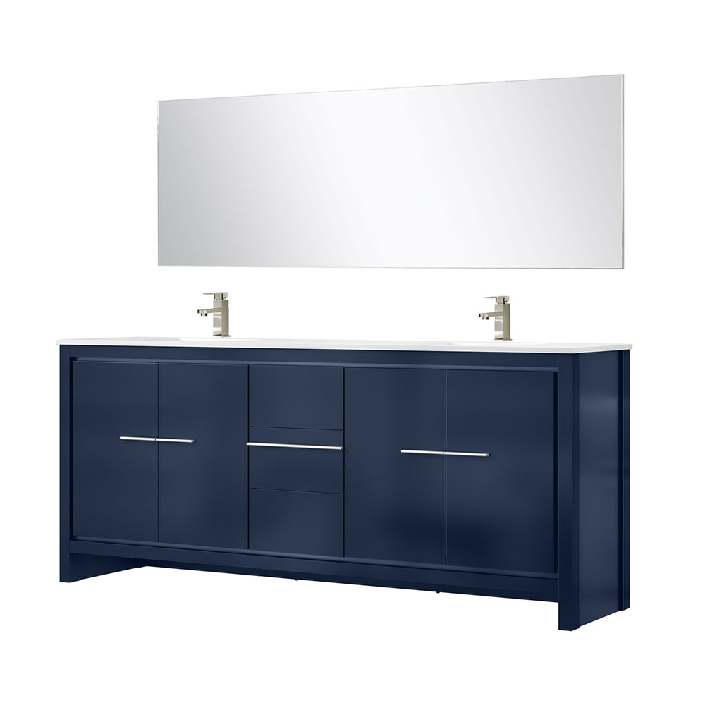 English Elm Navy Blue Double Bath Vanity 80" W With White Quartz Top, Brushed Nickel Faucet & 70" Mirror Set B2731S01762